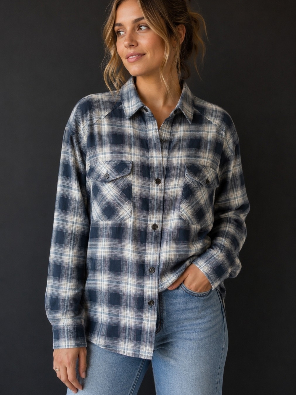 wild fable Black and Cream Plaid Button-Up Shirt